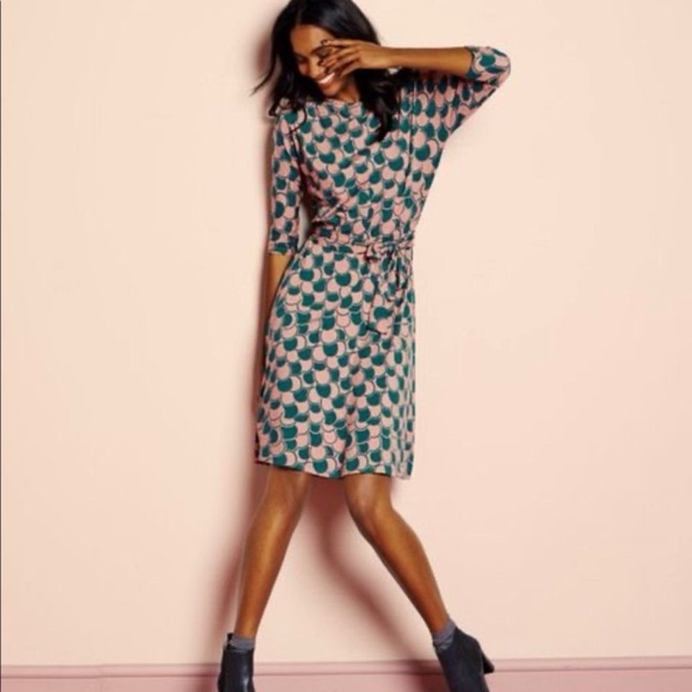 Boden Women's Green and Pink Geometric Mod 3/4 Sleeve Stretch Midi Dress Size 4R